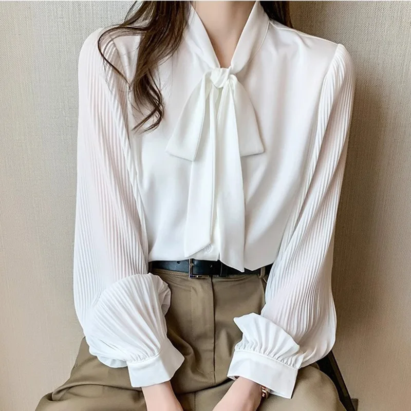 

Fashion Pleated Long Sleeve Blouses for Women Bowknot V-Neck Shirts Woman Spring Autumn Office Lady White Chiffon Shirt Tops