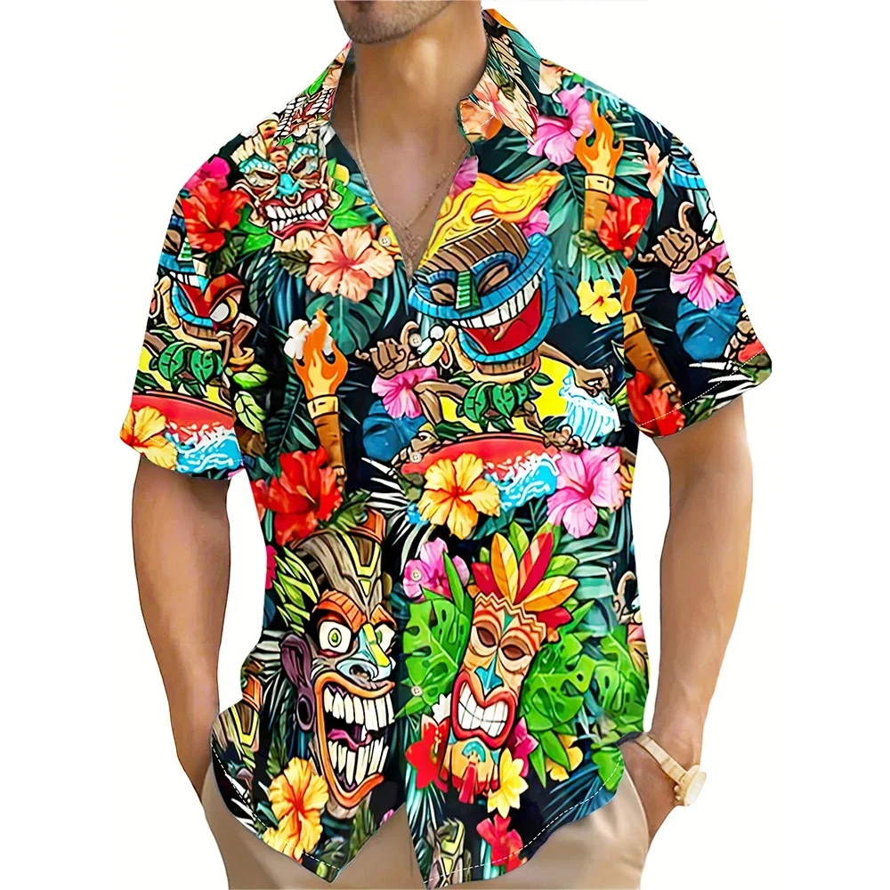 Camisa con botones y solapa de manga corta informal con estampado étnico hawaiano para hombre, ropa de fiesta para vacaciones en la playa, Tops de gran tamaño para hombre