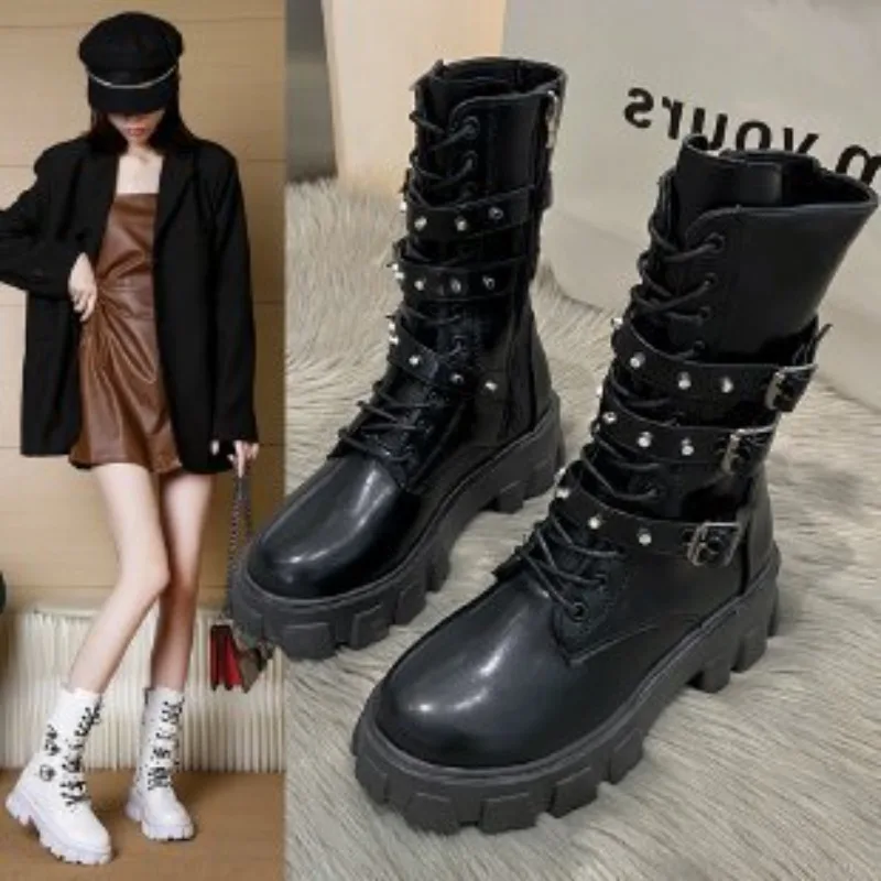

Women's Shoes Fashion Rivet Knight Boots Punk Lace Up Thick Soled Midsole Boots Designer Shoes for Women Footwear Zapatos Mujer