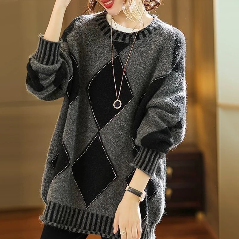 Pull à col rond pour femme, pull surdimensionné, patchwork décontracté, chemises minces, vêtements élégants, mode automne et hiver, nouveau, 2023