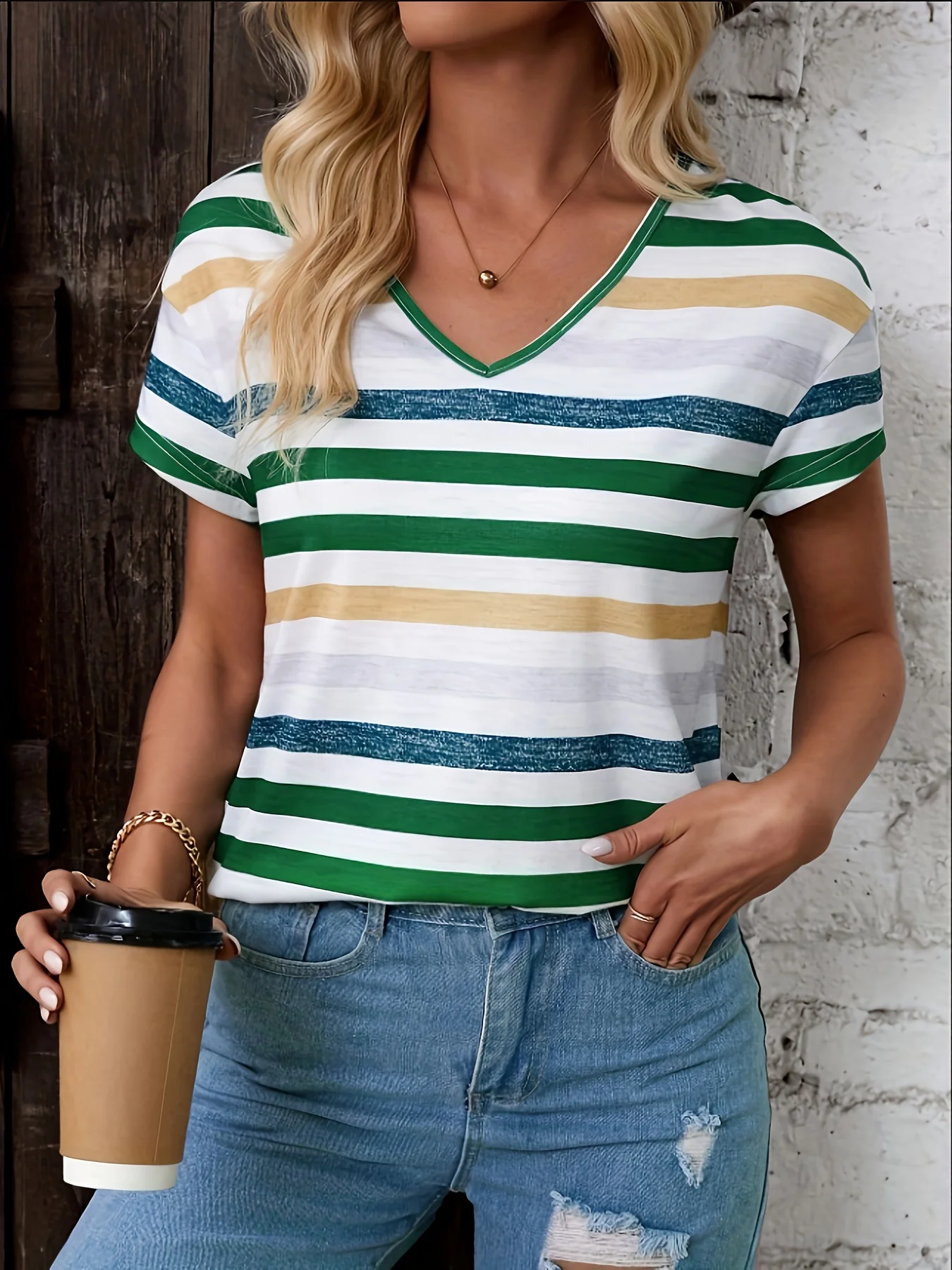 New women's short sleeve t-shirt, contrasting striped V-neck t-shirt, women's