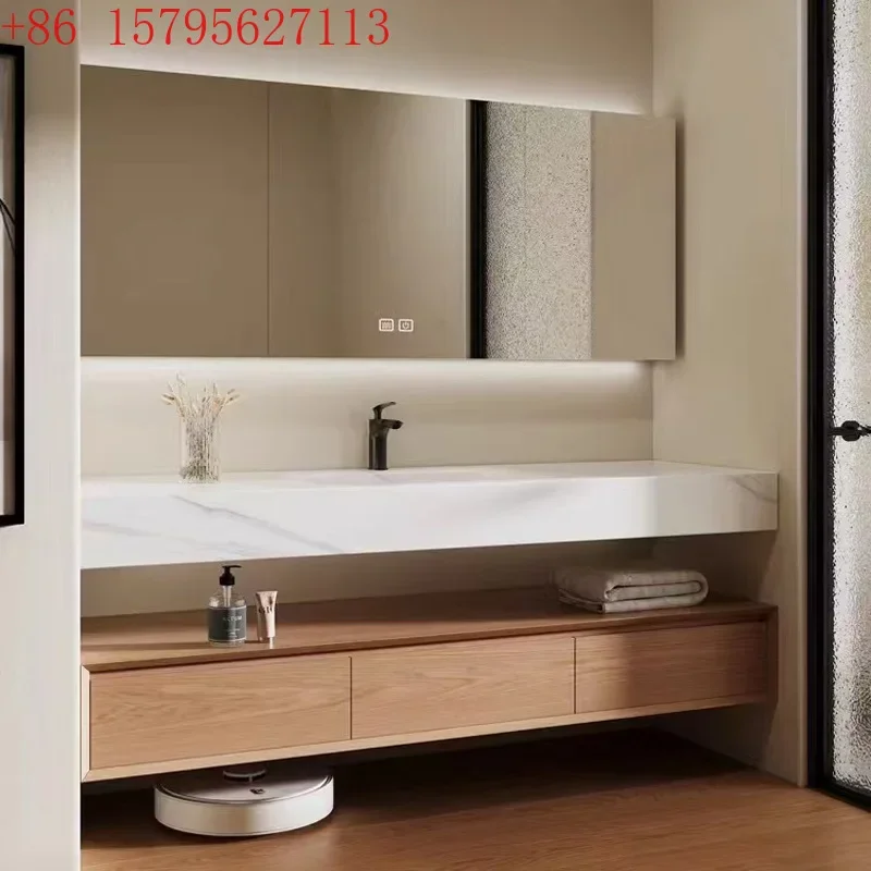 

Seamless ceramic basin, red oak bathroom cabinet, combined rock slab hot bending integrated basin, face wash table