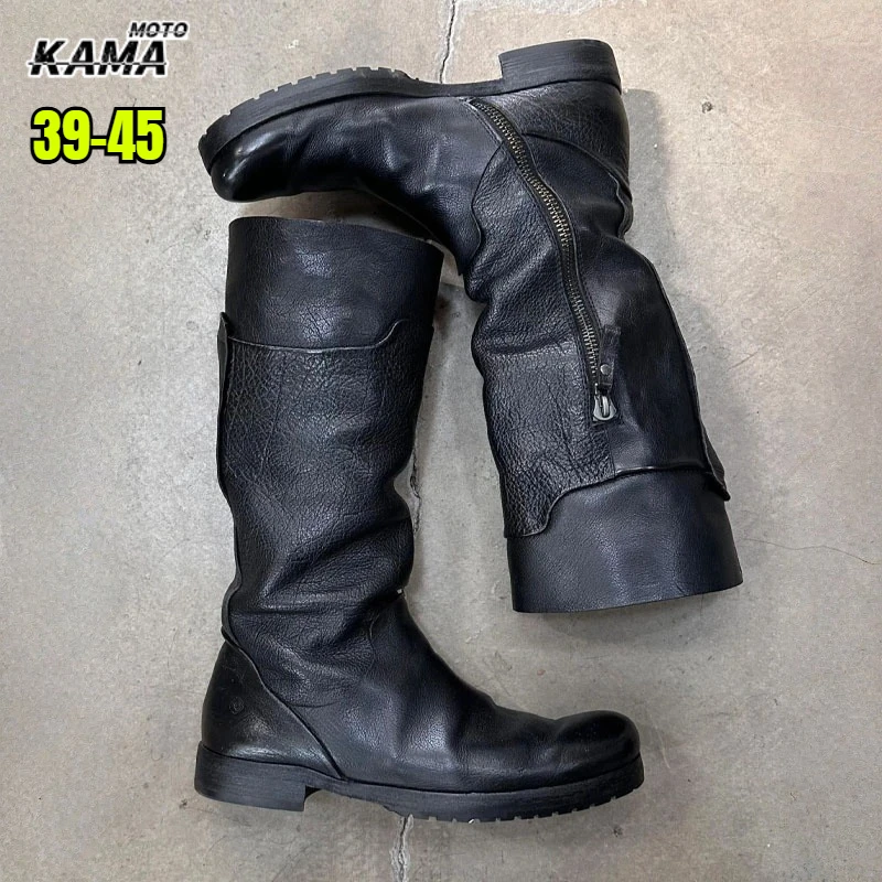 Genuine Leather Men's Motorcycle Boots Side Zipper Long Knight Boots Mid-calf Western Cowboy Boots Botas De Motociclista
