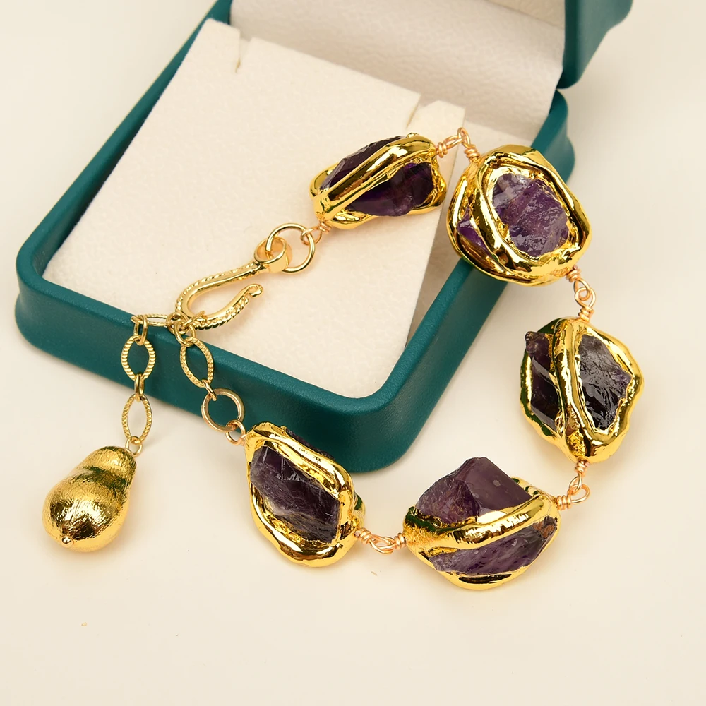 

GG Natural Purple Amethyst Rough Nugget With Gold Plated Electroplated Edge Beads Bracelet For Women