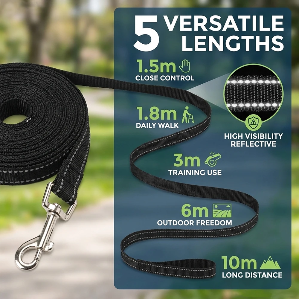 Reflektierende Nylon-Hundeleine 1,5M-10M Lang, Trainingsleine für Hunde, Outdoor-Spaziergang, Haustier-Zugseil für Nachtsicherheit, Mops-Zubehör