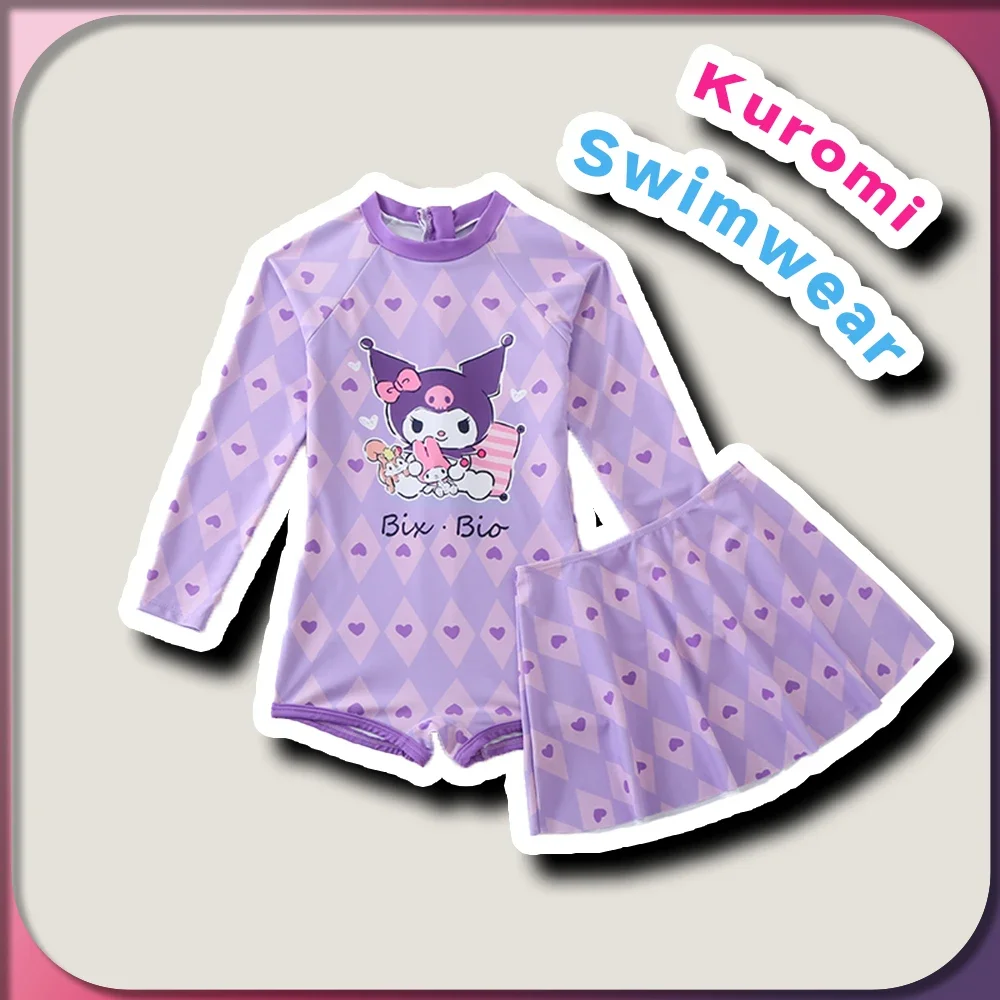 2pcs Kawaii new Kuromi Girls Plaid One Piece Swimwear Set Sanrio Anime Summer Bath Suit Kids Cute Fashion Swimsuit with Skirt