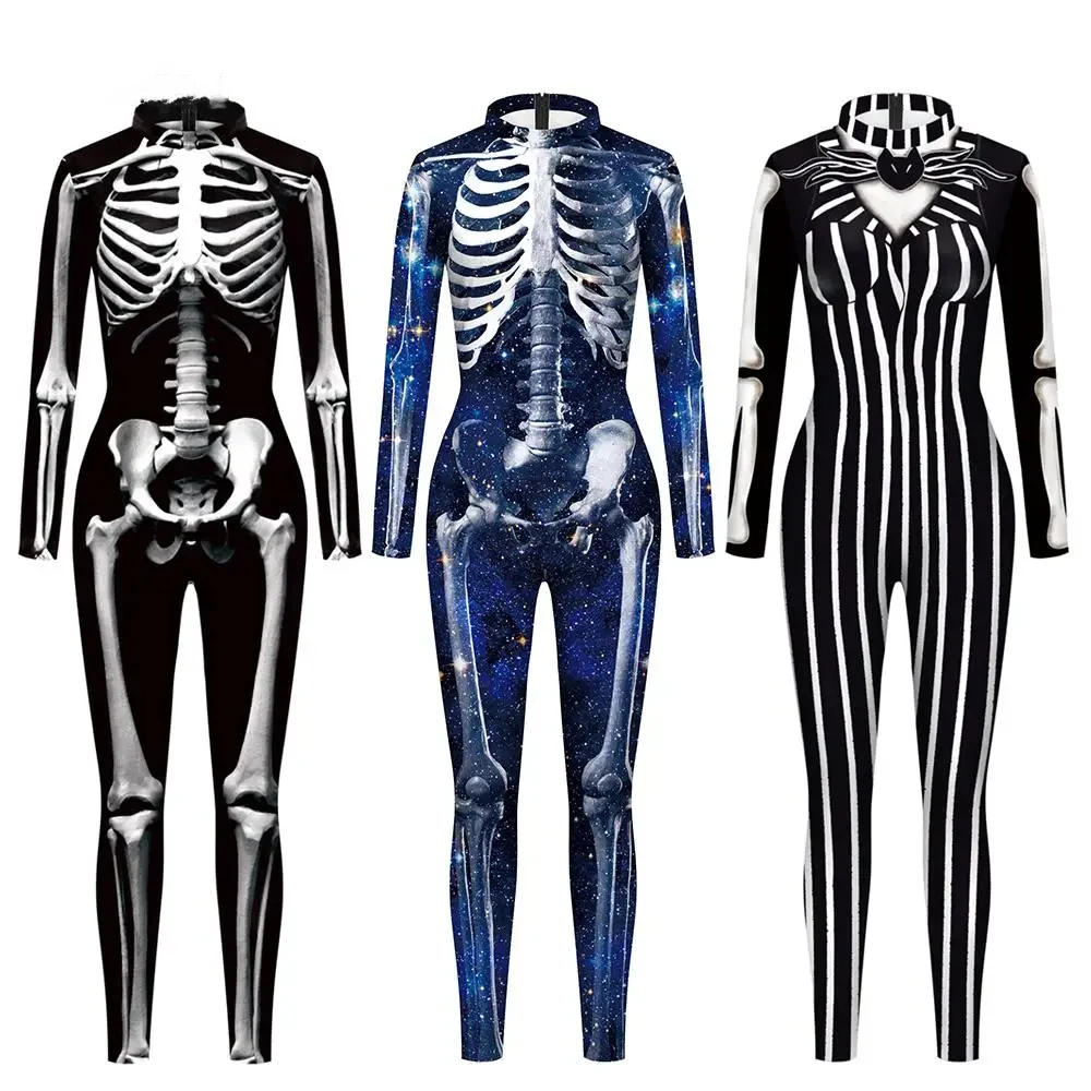 

Halloween Day Of The Dead Adult Human Skeleton Cospaly Costume Unisex Ghost Bodysuit Carnival Party Jumpsuit Horror Show Outfits