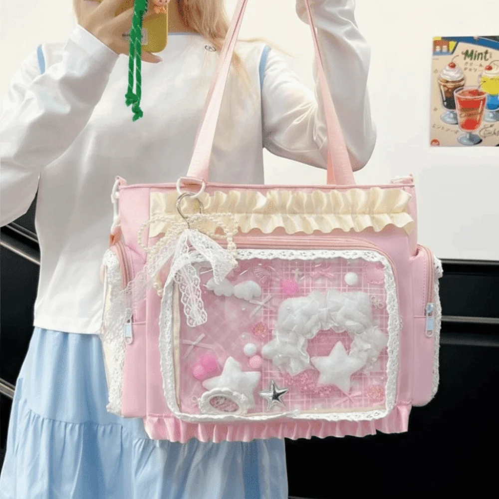 Ballet Style Lolita Transparent Crossbody Bag Bowknot Large Capacity Anime Shoulder Bag Sweet with Pendant Tote Bag Japanese view 2