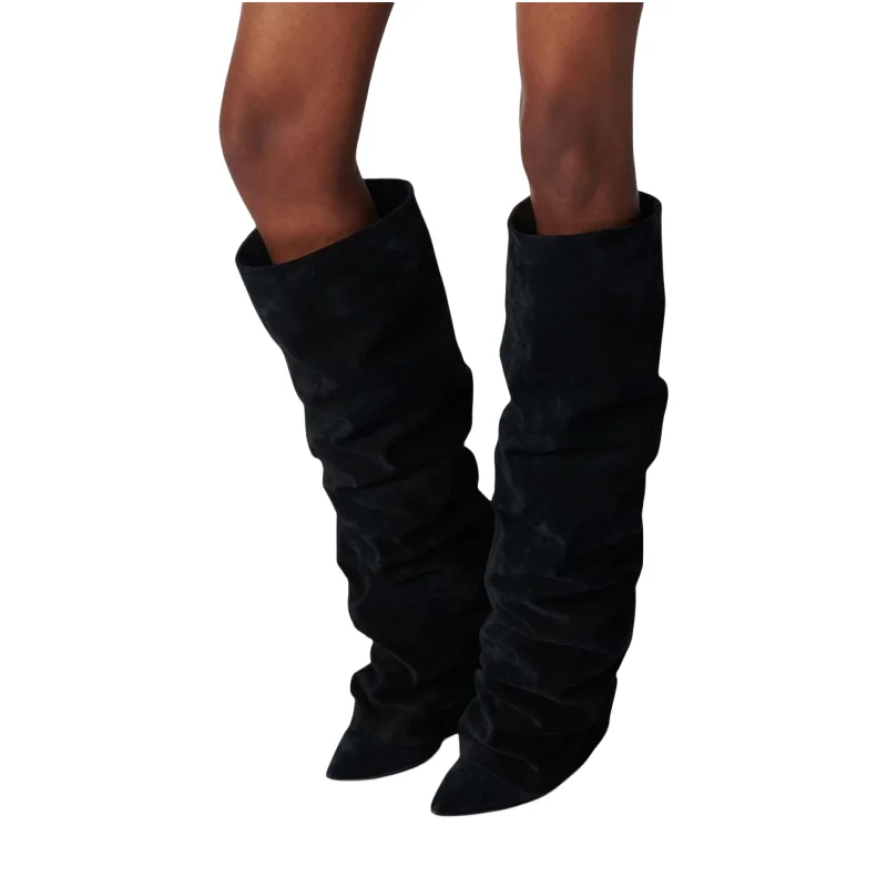 Turned-over Edge Knee High Boots Women Pleated Black Soft Sexy High Heels Western Chelsea Boot Female 2024 Trends Party Shoes