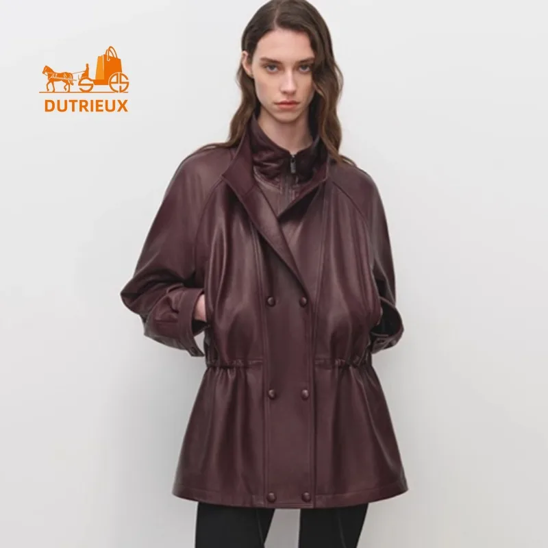 Giacca invernale da donna in pelle di media lunghezza con colletto a doppio strato e vita pieghettata, cappotto squisito elegante dignitoso al 100% in vera pelle di pecora