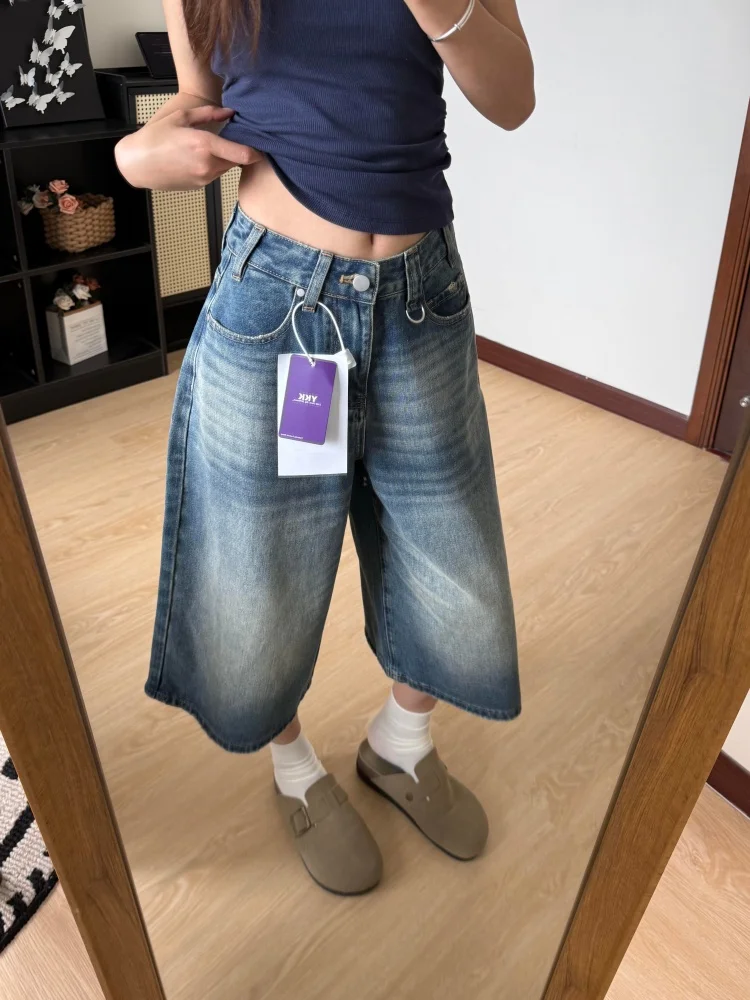 

American Style Vintage Denim Seven-Foot Pants Women Summer Thin Slimming Loose High Waist Wide Leg Shorts Casual Wear