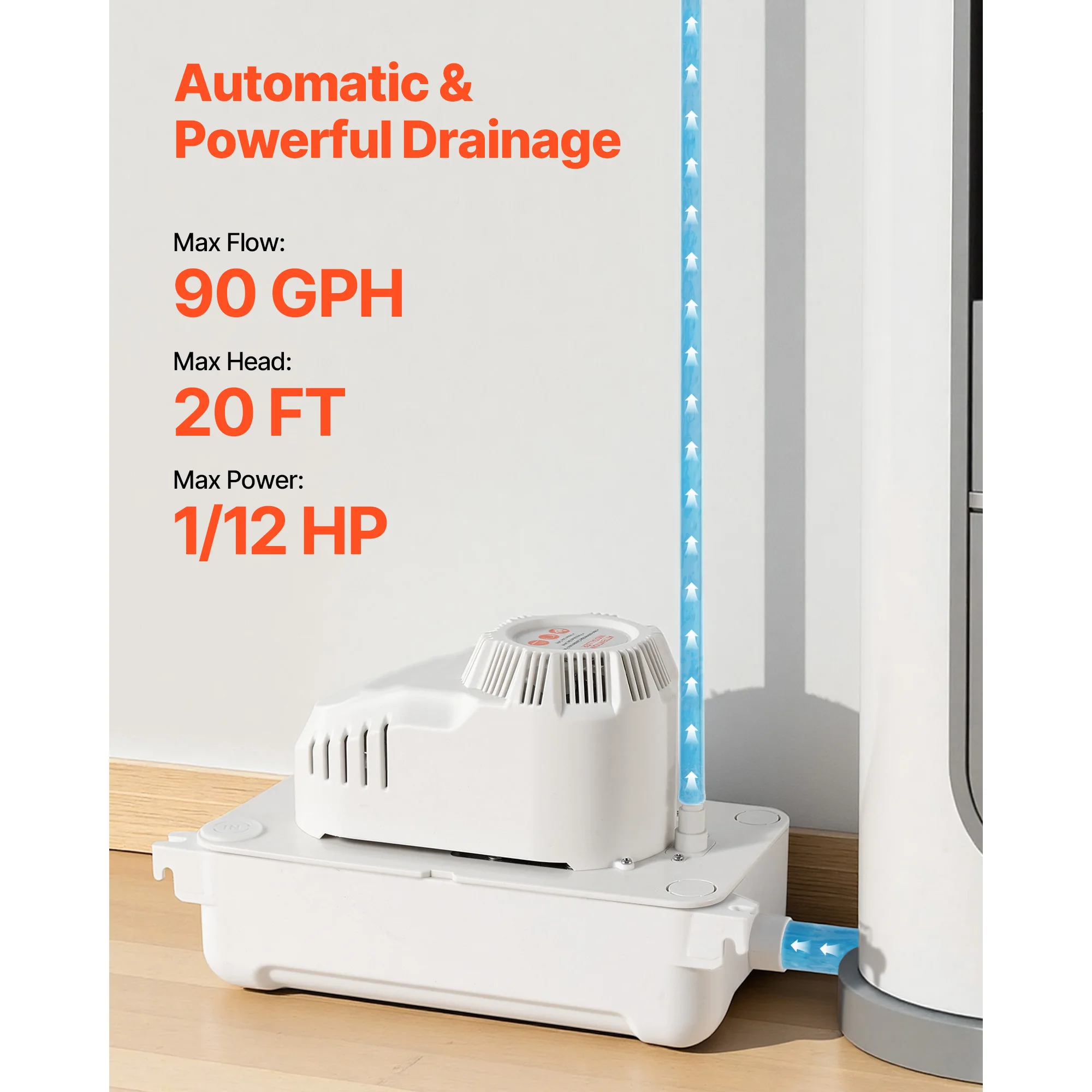 SucceBuy Condensate Pump 1/12 HP 90 GPH 20 ft Lift 115V with Safety Switch 20 ft Tubing for Air Conditioner Dehumidifier Furnace
