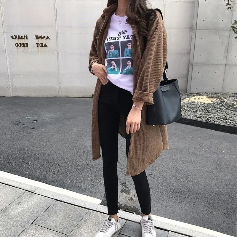 Vintage Loose Corduroy Blouse Spring Autumn New Long Sleeve Polo Neck Solid Youth Korean Shirt Tops Casual Fashion Women Clothes