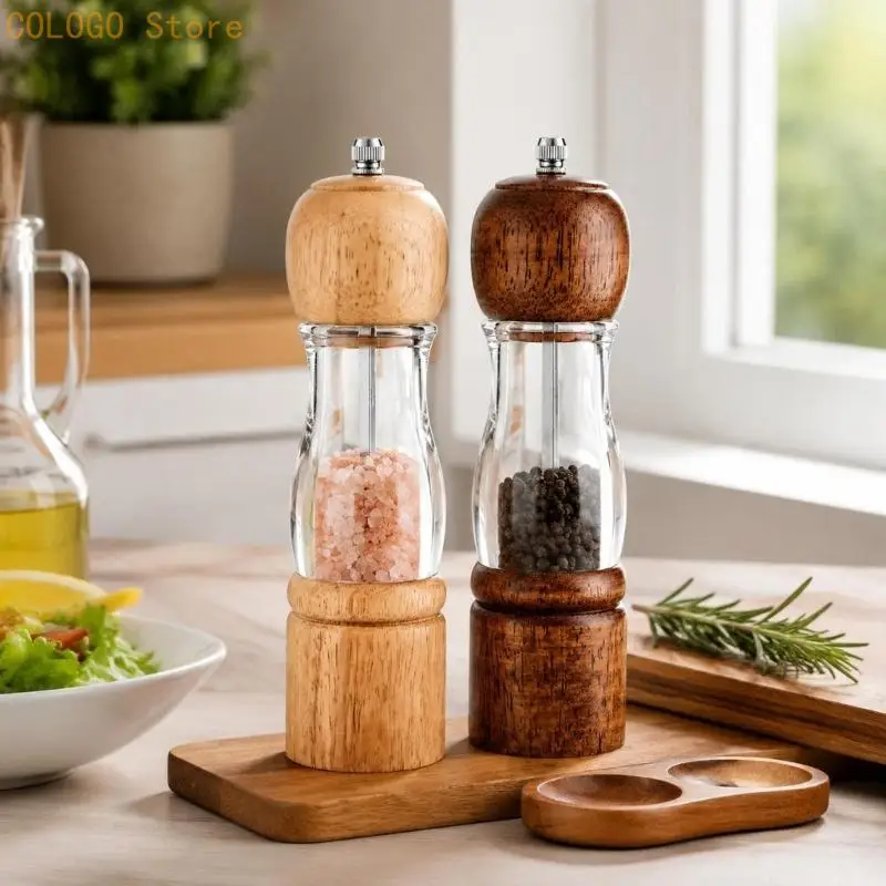 Seasoning Mill Set with Wooden Base, Hand Turn Pair, Clear Chamber and Control Knob for Dining, Counter Use, and Regular Home