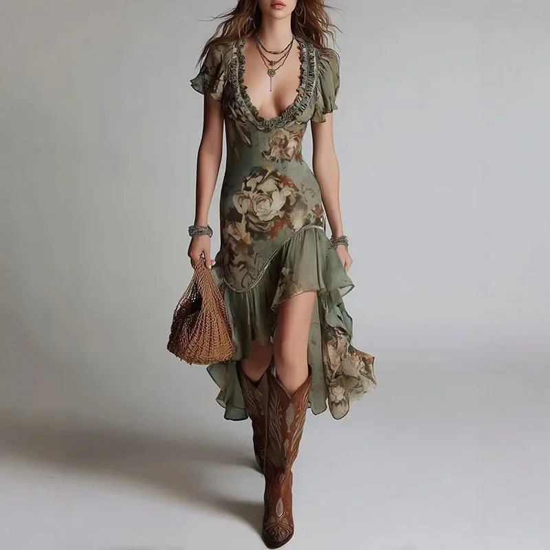 Irregular High Low Spliced Ruffle Elegant Flowy DressSummer Sexy Deep V Neck Tierred Dress Women's Floral Print Slim Long Dress