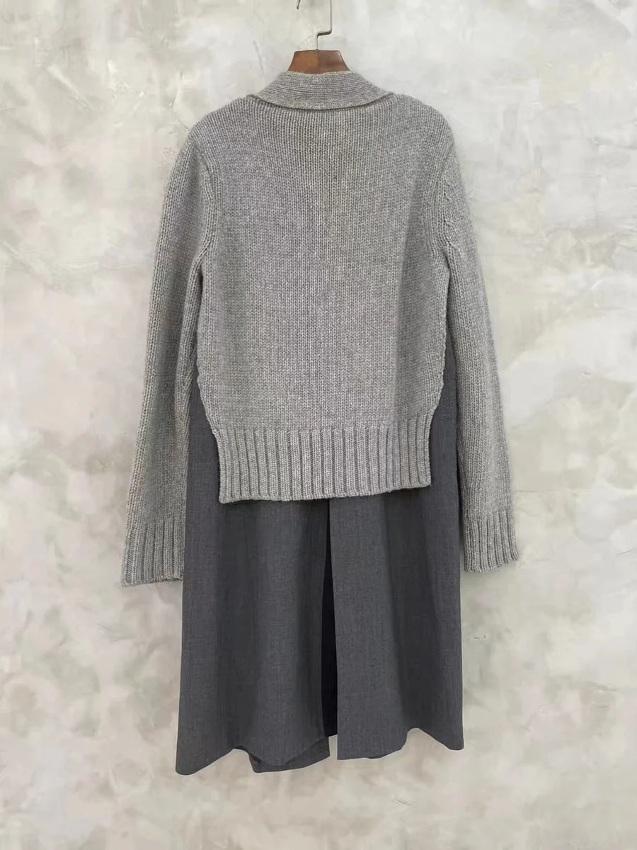 

FOG SACAI SS24 Knitted Patchwork Suit Jaet Dr V-ne Open Cardigan Long Coat Dr Fake Two-Piece Briti Commute Sle