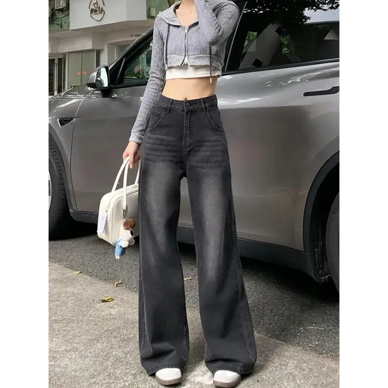 High Waist Vintage American Style Women's Jeans Loose Fit Casual Elastic Straight Leg Long Pants Slimming Wide Leg Trousers