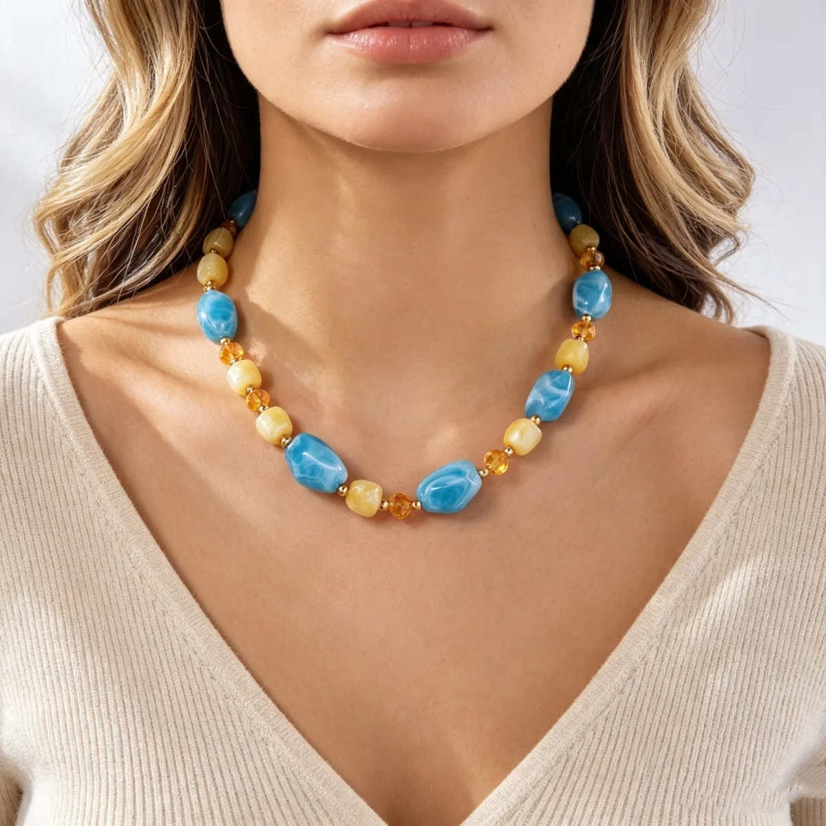 Französische Retro-Halskette mit sanften, farbenfrohen Kristallharzperlen für Damen und Herren, Hippie-Stil, unregelmäßige Perlen, Choker, Reiseschmuck – Detail 6