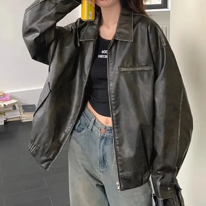 New Year's Popular American Retro Black Leather Jacket Female 2025 New Explosion Motorcycle Jacket Top