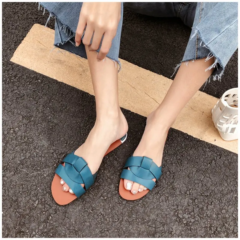Women\'s Flat Bottom Sandals Summer New Leather Cross Decoration Flat-Heeled Wine Red Lazy Slippers Zapados Mujer