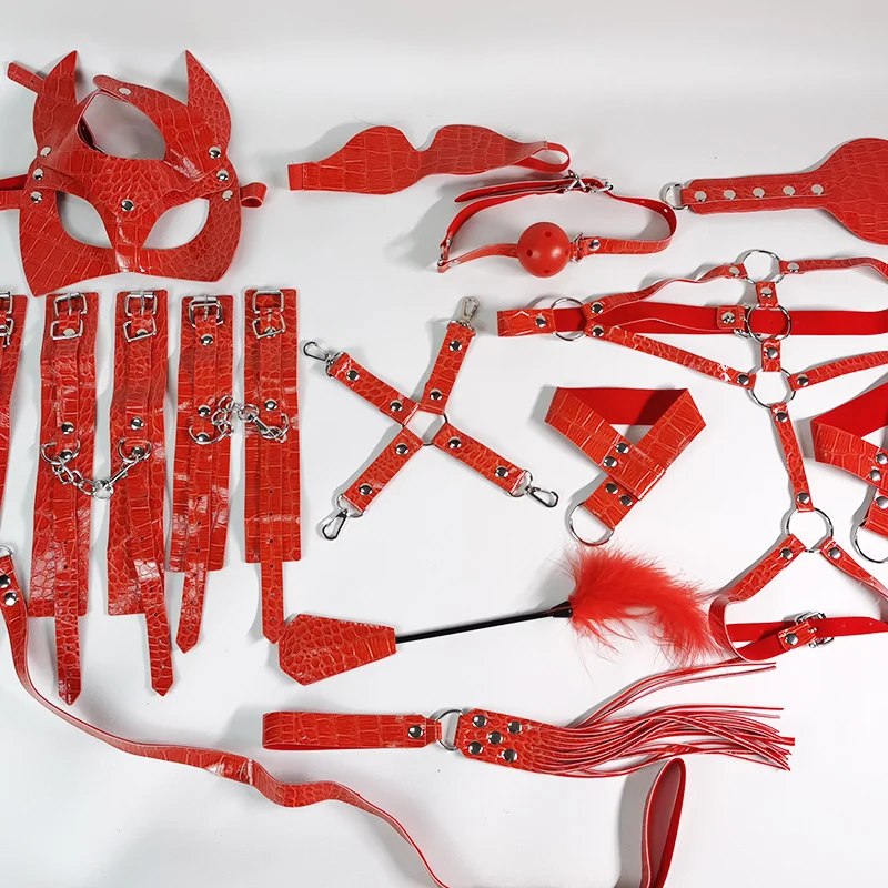 SM عبودية عدة الأفعى منقوشة الجلود الصوف مركب 12 قطعة 18 + الكبار الأزواج لعبة الجنس الكمامة طوق أصفاد المثيرة لعبة الدعائم #3