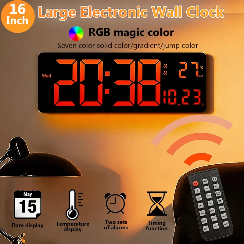 16 Inch Large Electronic Wall Clock Remote Control RGB Dual Alarm Timing Temp Date Memory Table Clock 12/24H Digital LED Clock