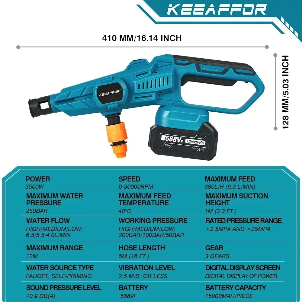 KEEAFFOR 250Bar 3500W Brushless High Pressure Water Gun 6-in 1 Cordless Rechargeable Car Washing Gun for Makita 18V Battery