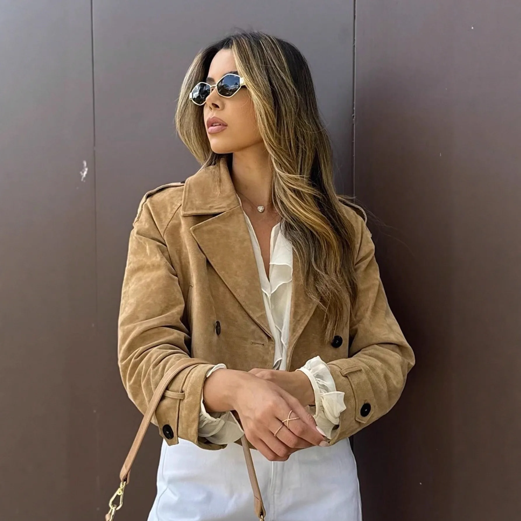 

Women's Autumn High-Street Style Fashionable Long-Sleeve Casual Coat Double-Breasted Decorative Turn-Down Collar Short Jacket