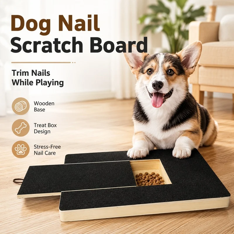 Wooden Dog Nail Scratch Board with Treat Box Pull Out Sandpaper Paw File Grinder for Pet Grooming Puppy Training Nail Care Toy