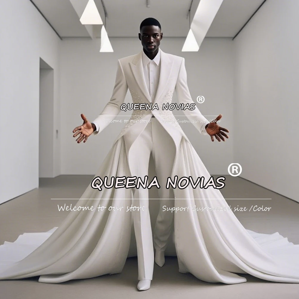 Exclusief ontwerp trouwpakkleding voor mannen met parels Single Breasted Prom Blazer met verplaatste trein Aangepaste bruidegom smokings