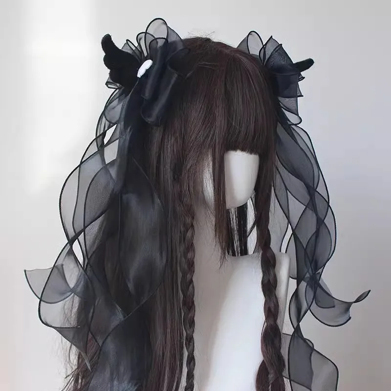 Épingle à cheveux en ruban Harajuku, 5 Types, faite à la main, originale, Spice Girl, gothique, ailes d'ange noires, Y2K, Double queue de cheval noire