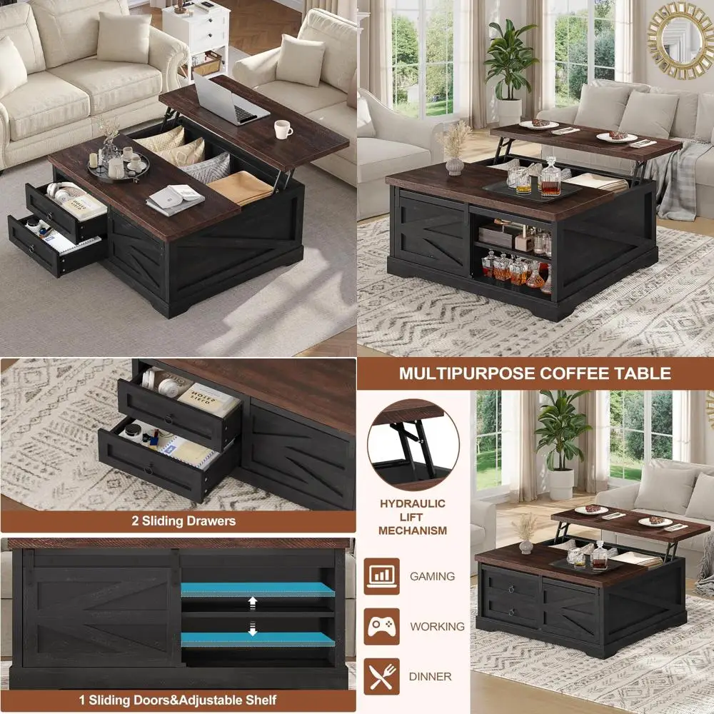 

Farmhouse Style Square Coffee Table with Storage, Large Hidden Storage Space for Living Room, Lift Top Design