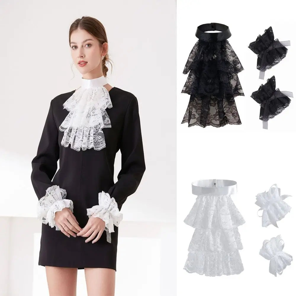 Vintage Victorian Lace Jabot Collar Detachable Solid Color Fake Collar Ruffled Neck Collar Stage Performance Costume Accessory