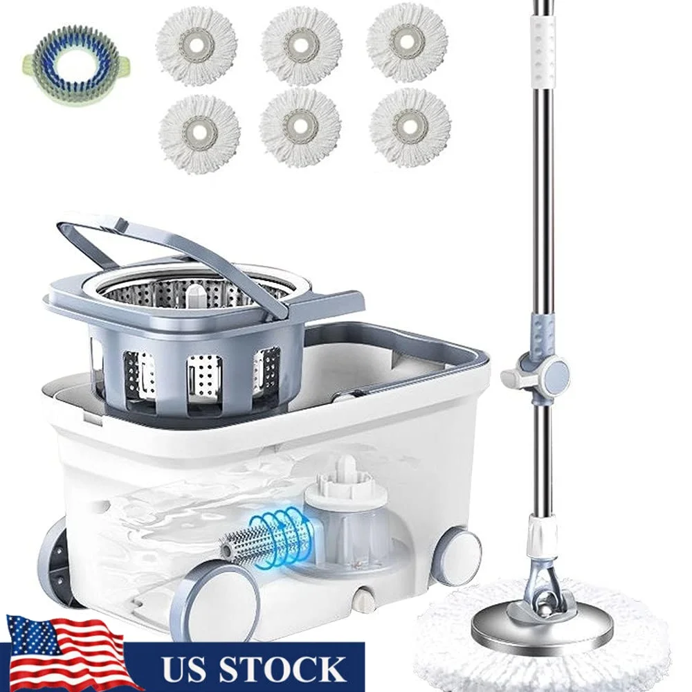 

Deluxe 360 Spin Mop Bucket System with 6 Microfiber Replacement Heads 62in Adjusted Handle Durable Stainless Steel Design Easy