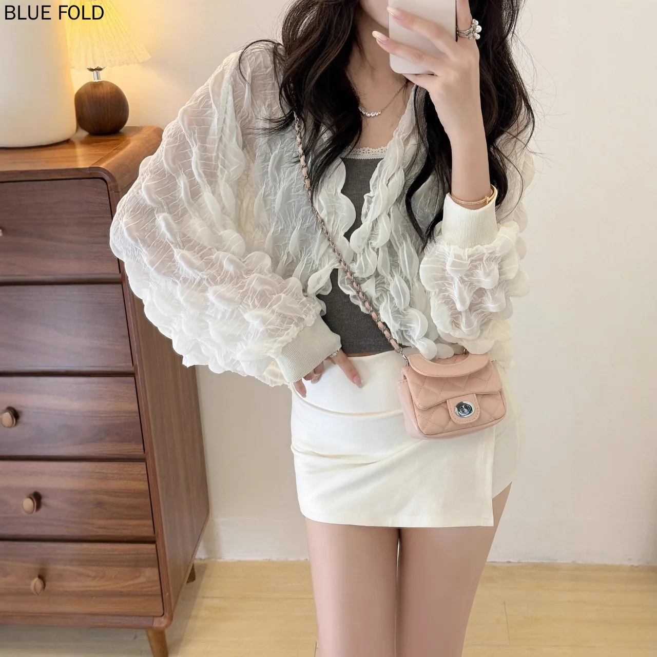 

Miyake Solid Color Puff Sleeve Pleated Blouse Summer Elegant Commuter Lightweight Cardigan Jacket for Women PLEATS Coat