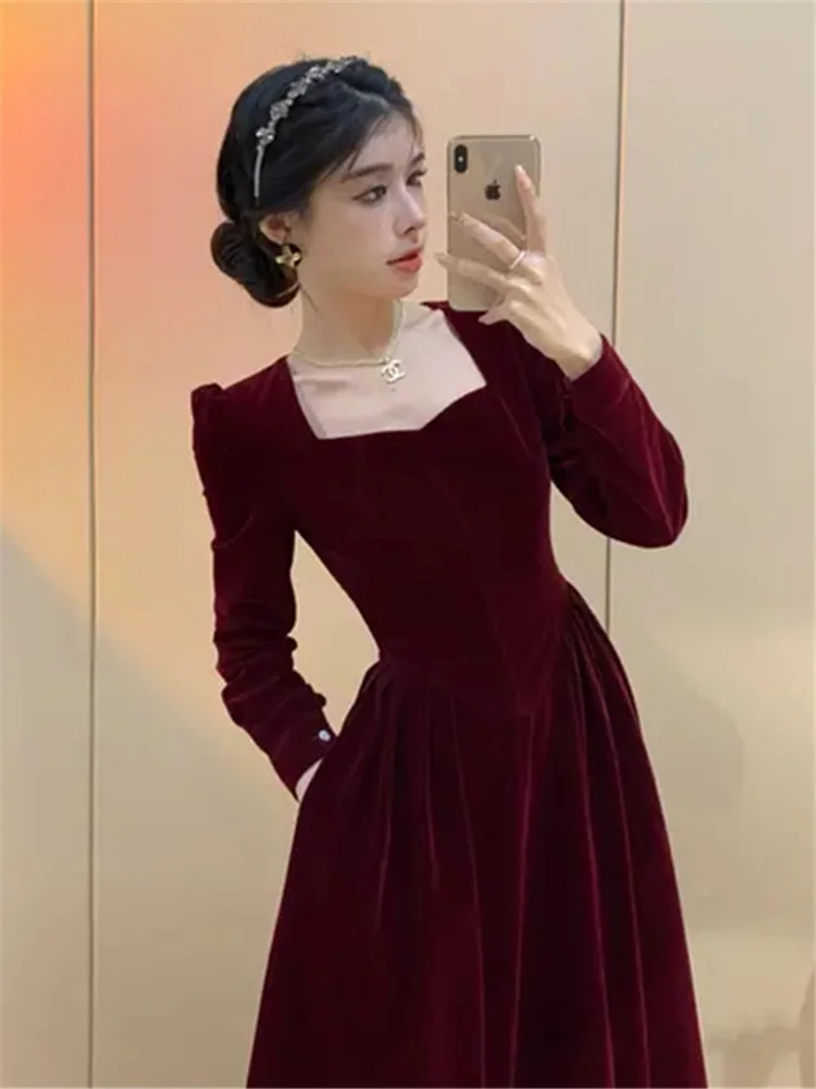

Корейское вечернее платье Red Velvet для женщин: с V-образным вырезом, длинными рукавами, завышенной талией, средней длины, А-силуэт, для свадьбы/вечеринки
