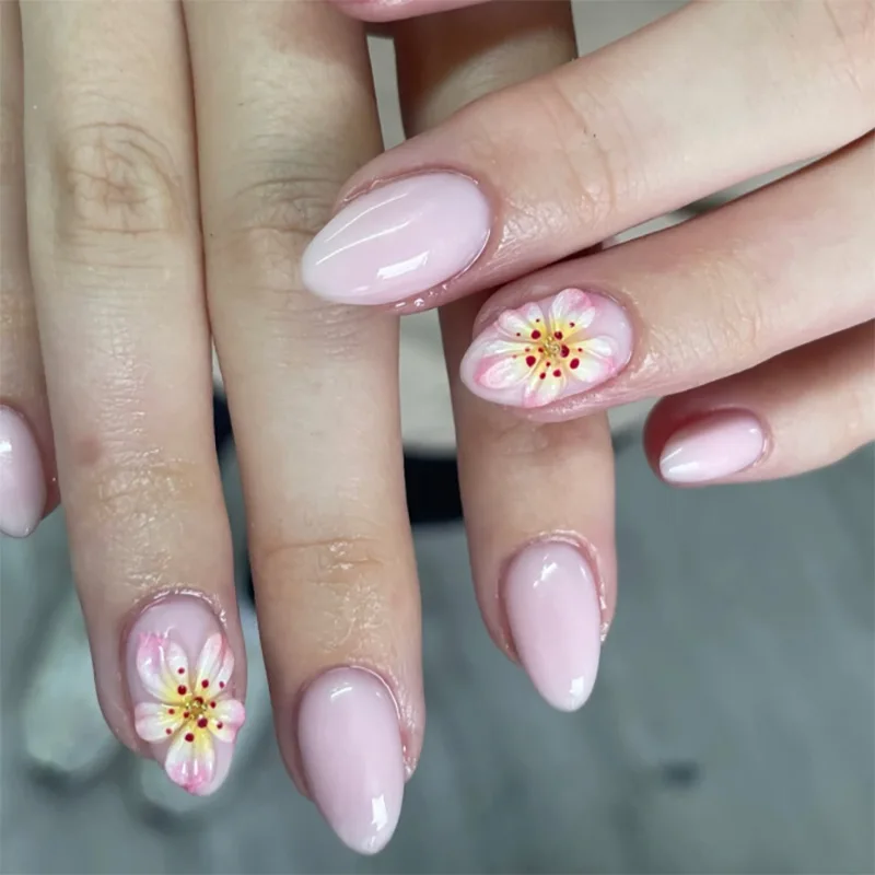 

Nude Pink 3D Flowers Metal Bead Wearable Nail Art Chic Short Almond False Nails Detachable Finished Fake Nails Press on Nails