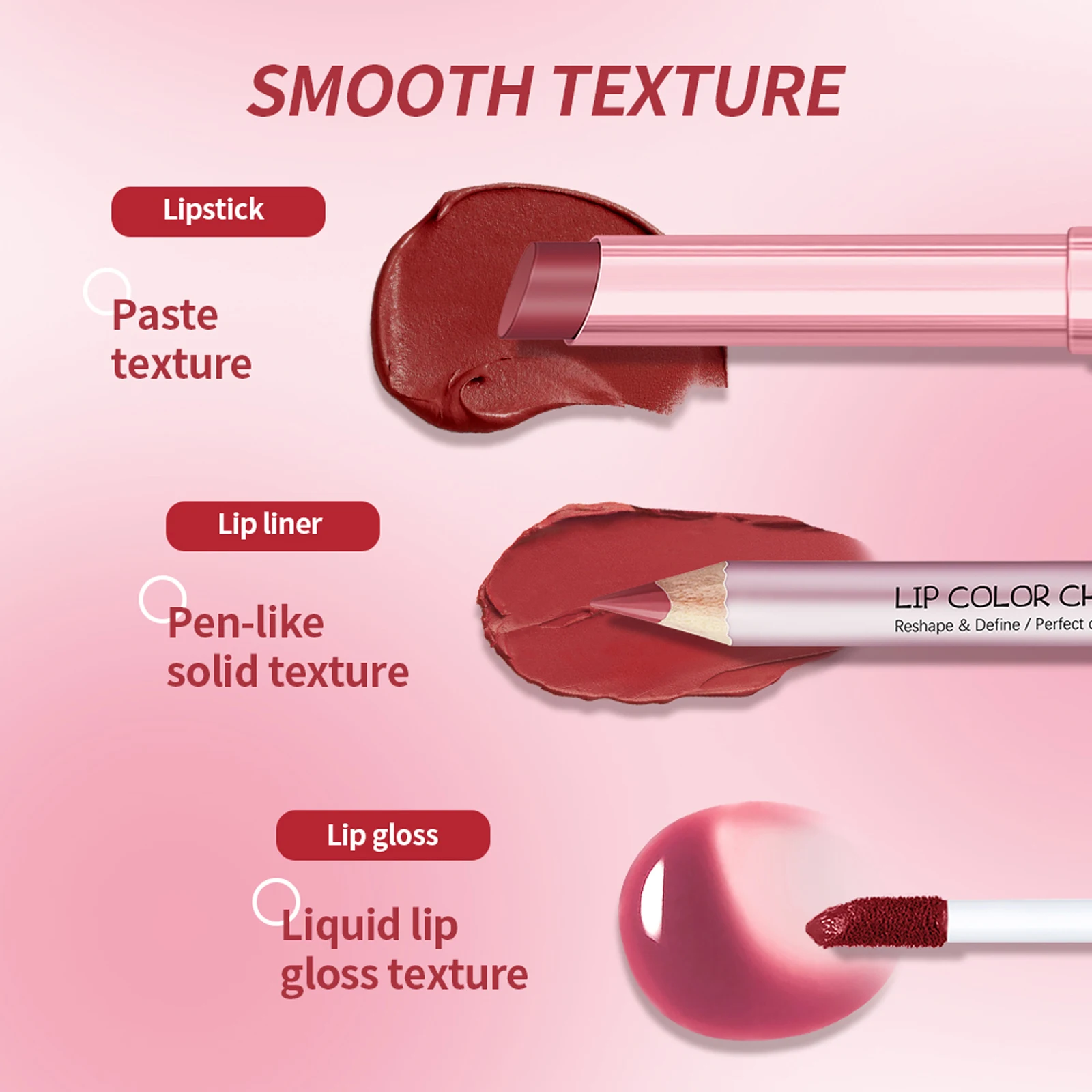 3-częściowy zestaw do makijażu ust: konturówka do ust, błyszczyk, szminka z efektem lustra, efekt powiększonych ust, wysoka pigmentacja, długotrwały, nawilżający, mini zestaw podróżny