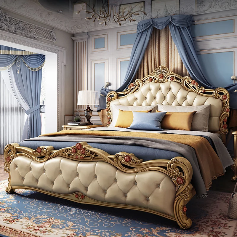 

European Style Simple Double Bed Modern Gold Carved Leather Princess Queen Bed Bedroom Comferter Cama Box Casal Furniture Home