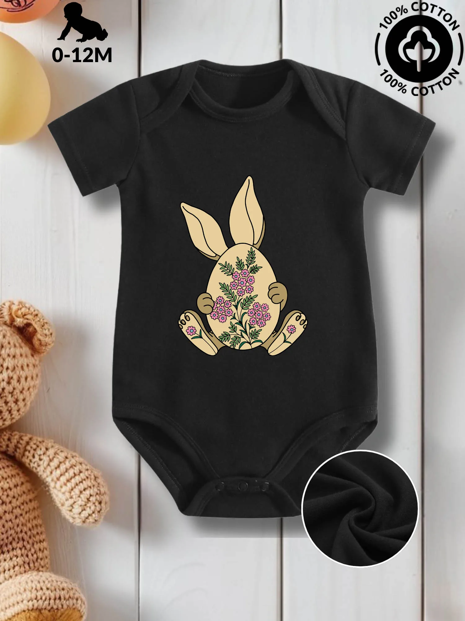 Bloemen Bunny Easter unisex baby kruippakje, puur katoenen huidverzorging onesie, alle seizoenen dragen zwarte bodysuit 190GSM