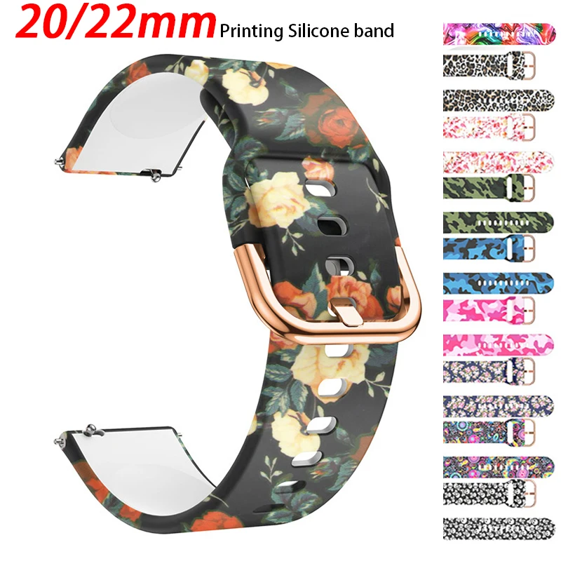

20mm/22mm strap For Samsung Galaxy watch 4/6/5 pro/Classic 46mm/Active 2 Printing Silicone bracelet For Amazfit GTR/GTS 4 band