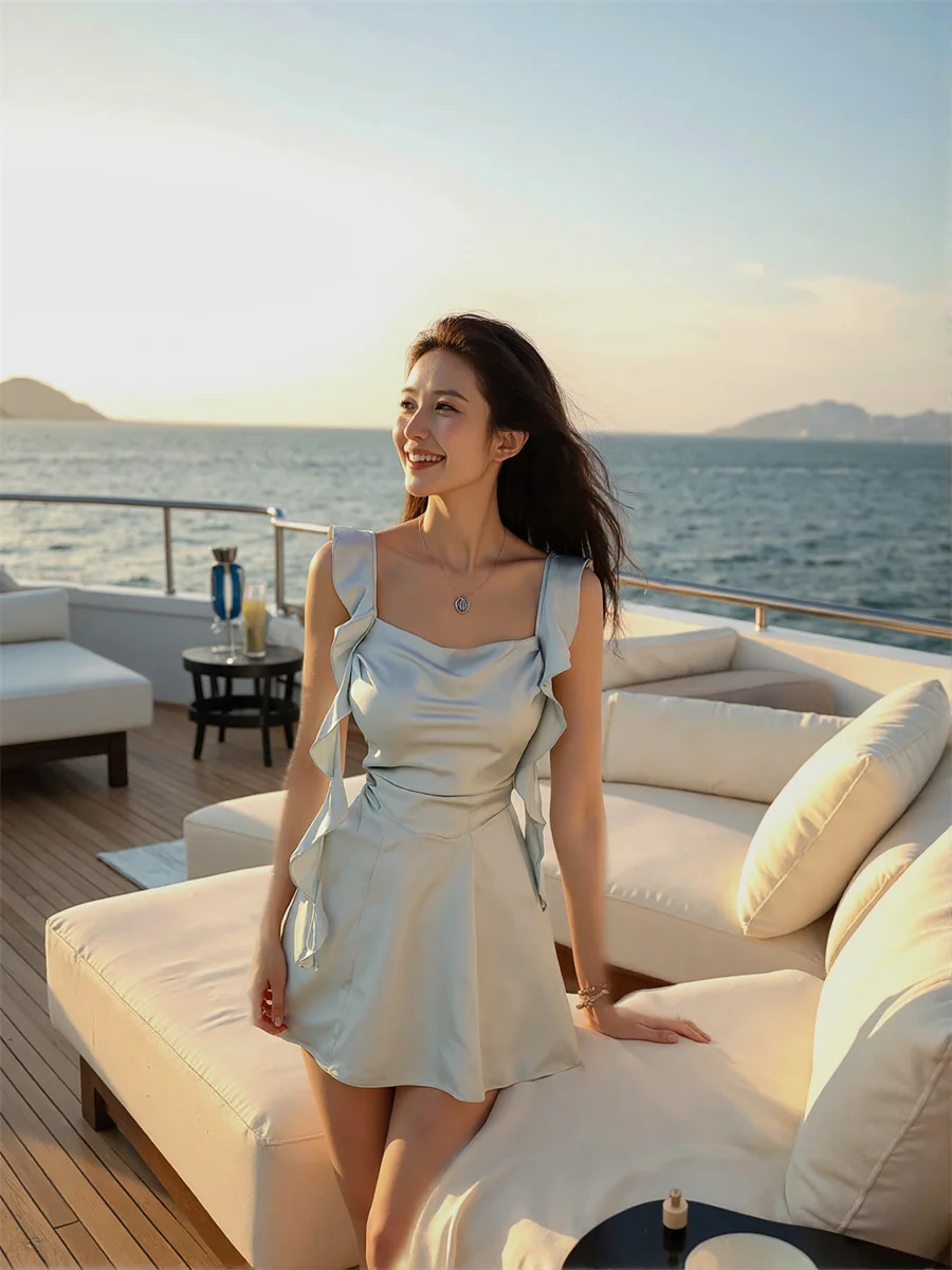 Vestido de mujer elegante para fiesta, estilo princesa fruncido, abertura lateral, abertura alta, corte recortado, agujeros calados, Sexy