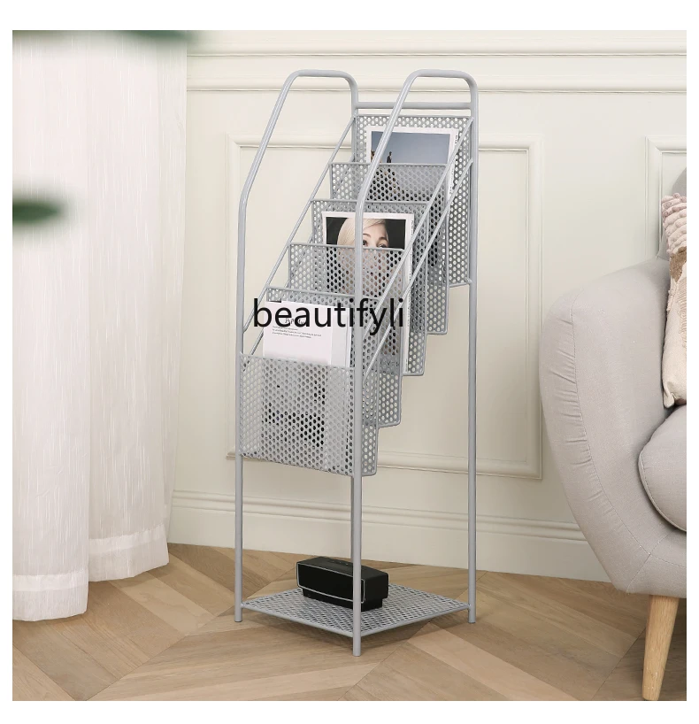 zqNordic Wrought Iron Magazine Rack Picture Book Rack Newspaper Shelf Floor Living Room the Newspaper Stand Corner Storage Rack