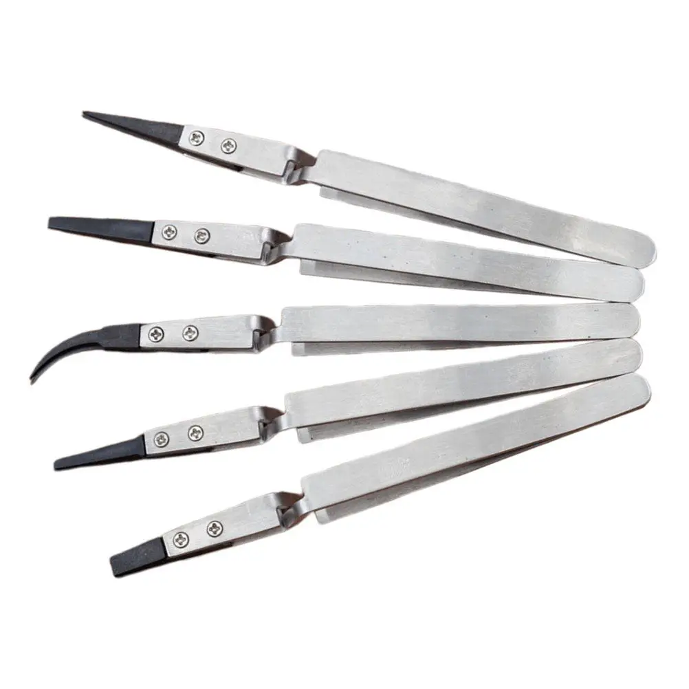 5Pcs Electronic Ceramic Insulation Tweezers Heat Resistant Anti-Static Precision Curved Straight Non-Conductive Tool for Coil