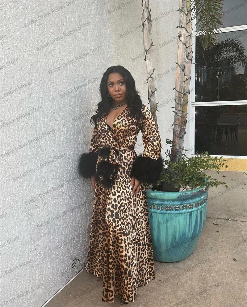 Leopard Feather Women Sleepwear Pajamas Luxury Wedding Night Dresses Silk Satin With Belt Photoshoot Custom Made Prom Party Gown