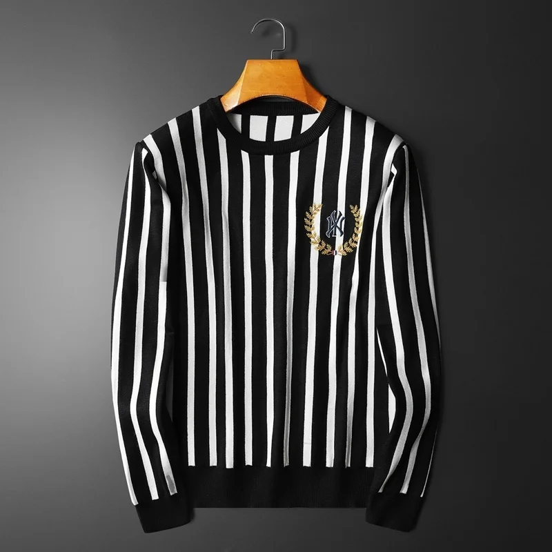 Stripe Contrast Color Sweater Fall Men Long Sleeve Slim Printing Pullover Sweater Social Dress Shirt Streetwear Men Clothing