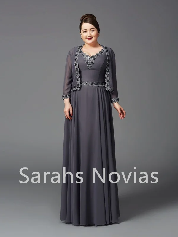 2023 Long Grey Chiffon Elegant Mother Of the Bride Dresses With Jacket Beading V Neck  Formal Bolero Mother's Gowns For Wedding