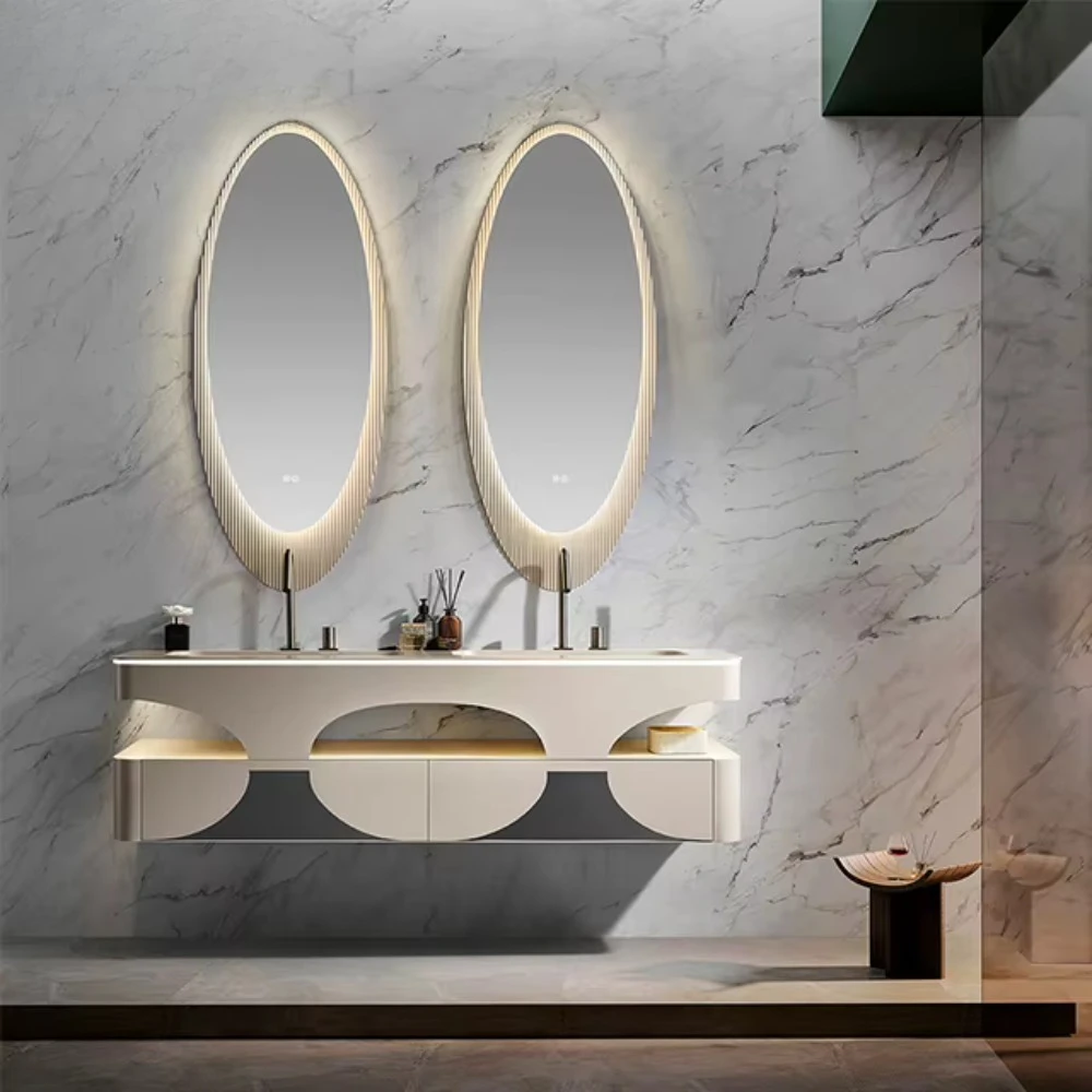 Luxury Modern Stainless Steel Lacquer Finish 60 Inch Double Basin Wall-Mounted Bathroom Vanity Cabinet Double LED Mirror