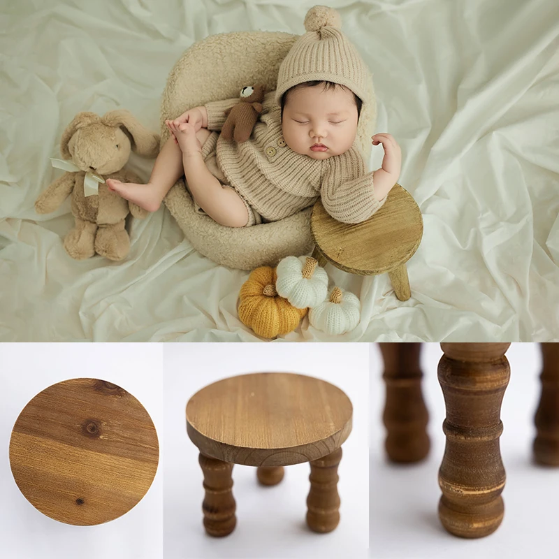 Newborn Photography Table Props Wooden Mini Retro Tea Table Round Stool Full-moon Baby Shooting Decoration Studio Accessories