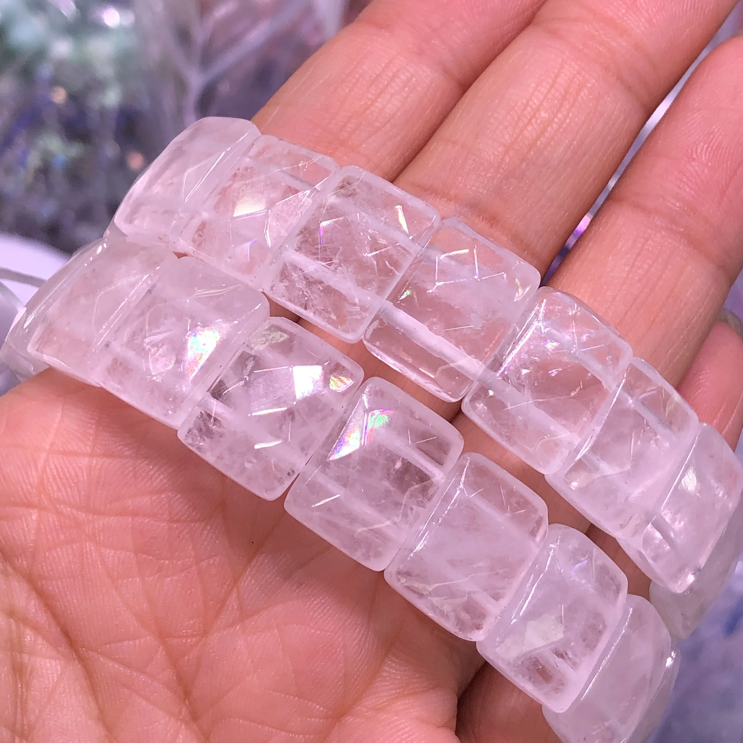 

1 Pc Fengbaowu Natural White Phantom Rock Quartz Bracelet Bangle Faceted Square Beads Reiki Healing Stone Jewelry Gift Women Men